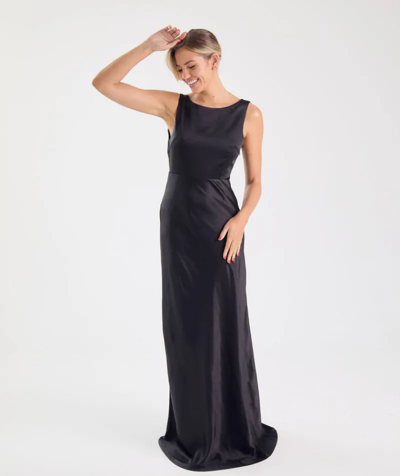 Hot Six Stories Cowl Back Satin Bridesmaid Dress - Black