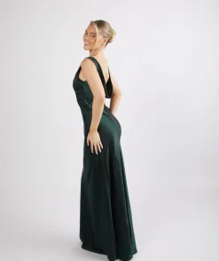 Discount Six Stories Cowl Back Satin Bridesmaid Dress - Emerald