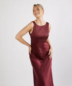 Six Stories Cowl Back Satin Bridesmaid Dress - Deep Wine