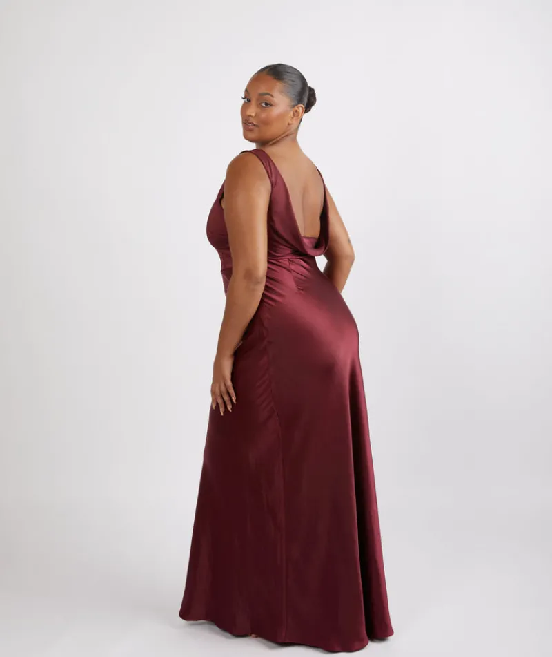 Six Stories Cowl Back Satin Bridesmaid Dress - Deep Wine