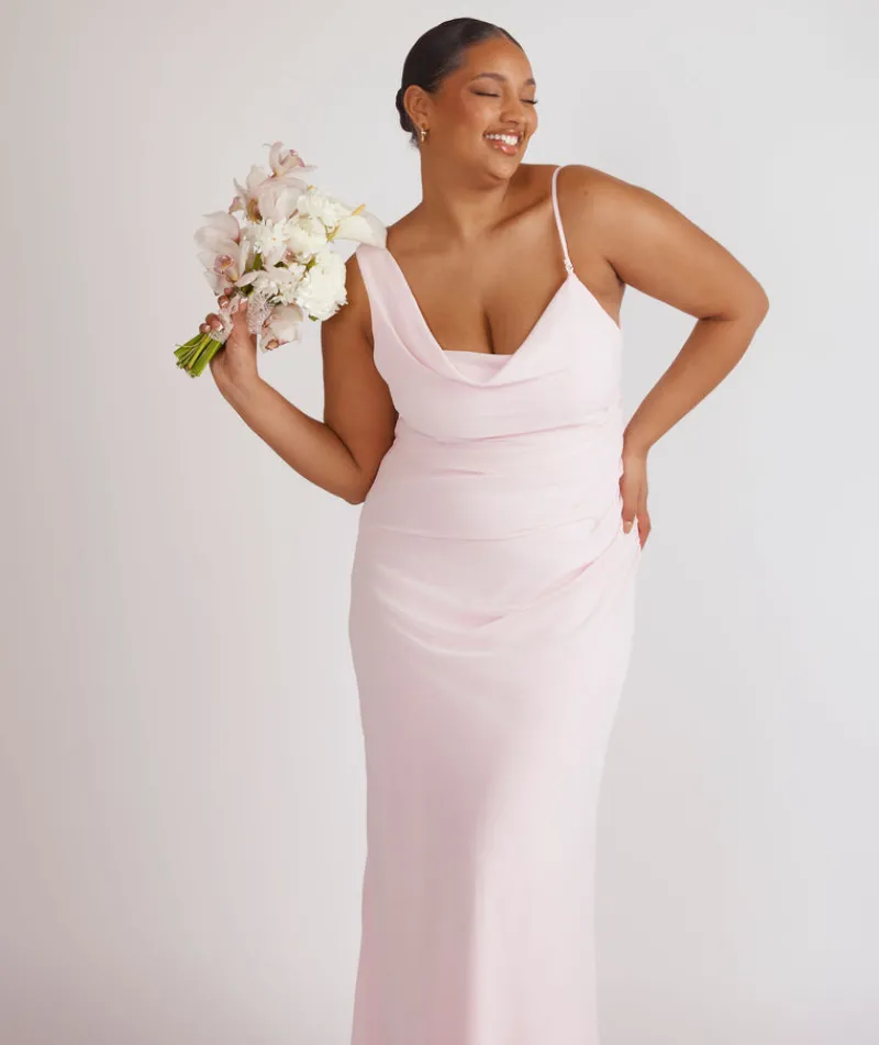 Clearance Six Stories Cowl Front Asymmetrical Chiffon Bridesmaid Dress - Pale Pink