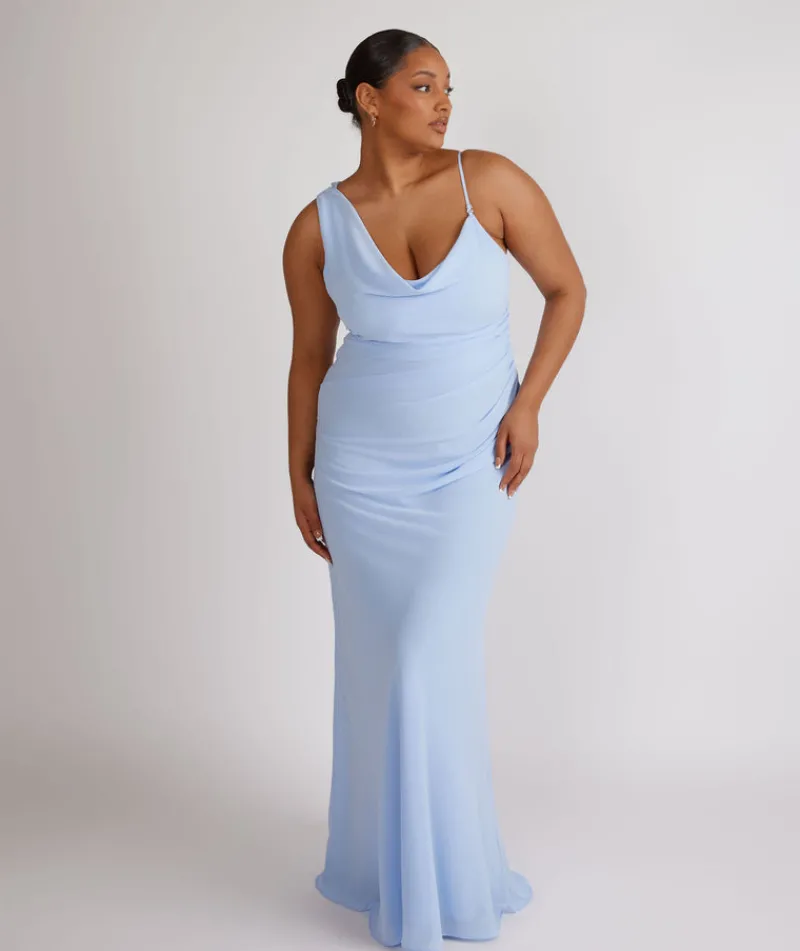Outlet Six Stories Cowl Front Asymmetrical Chiffon Bridesmaid Dress - Cornflower Blue