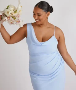 Outlet Six Stories Cowl Front Asymmetrical Chiffon Bridesmaid Dress - Cornflower Blue