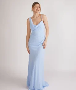 Outlet Six Stories Cowl Front Asymmetrical Chiffon Bridesmaid Dress - Cornflower Blue