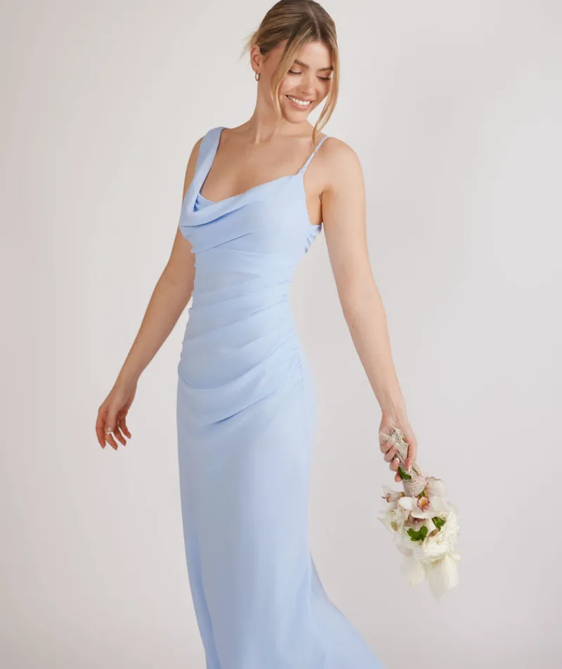 Outlet Six Stories Cowl Front Asymmetrical Chiffon Bridesmaid Dress - Cornflower Blue