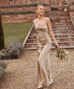 Sale Six Stories Cowl Front Asymmetrical Satin Bridesmaid Dress - Champagne