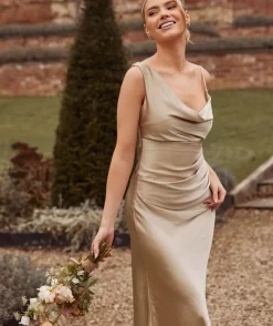 Sale Six Stories Cowl Front Asymmetrical Satin Bridesmaid Dress - Champagne