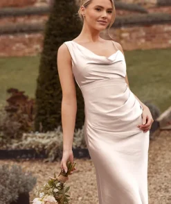 Hot Six Stories Cowl Front Asymmetrical Satin Bridesmaid Dress - Oyster