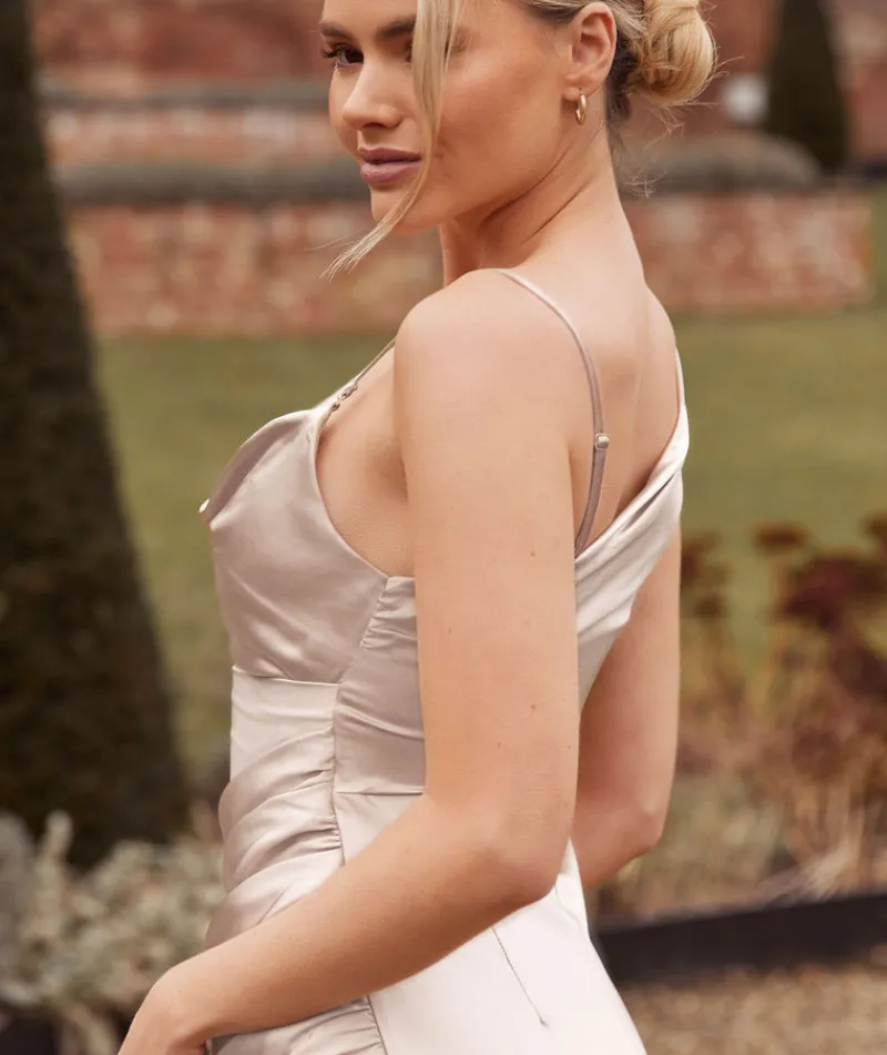 Hot Six Stories Cowl Front Asymmetrical Satin Bridesmaid Dress - Oyster