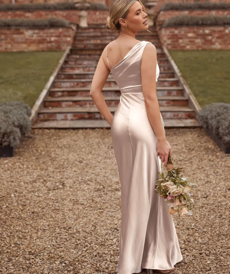 Hot Six Stories Cowl Front Asymmetrical Satin Bridesmaid Dress - Oyster