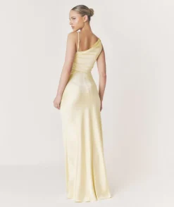 New Six Stories Cowl Front Asymmetrical Satin Bridesmaid Dress - Butter Lemon