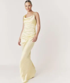 New Six Stories Cowl Front Asymmetrical Satin Bridesmaid Dress - Butter Lemon