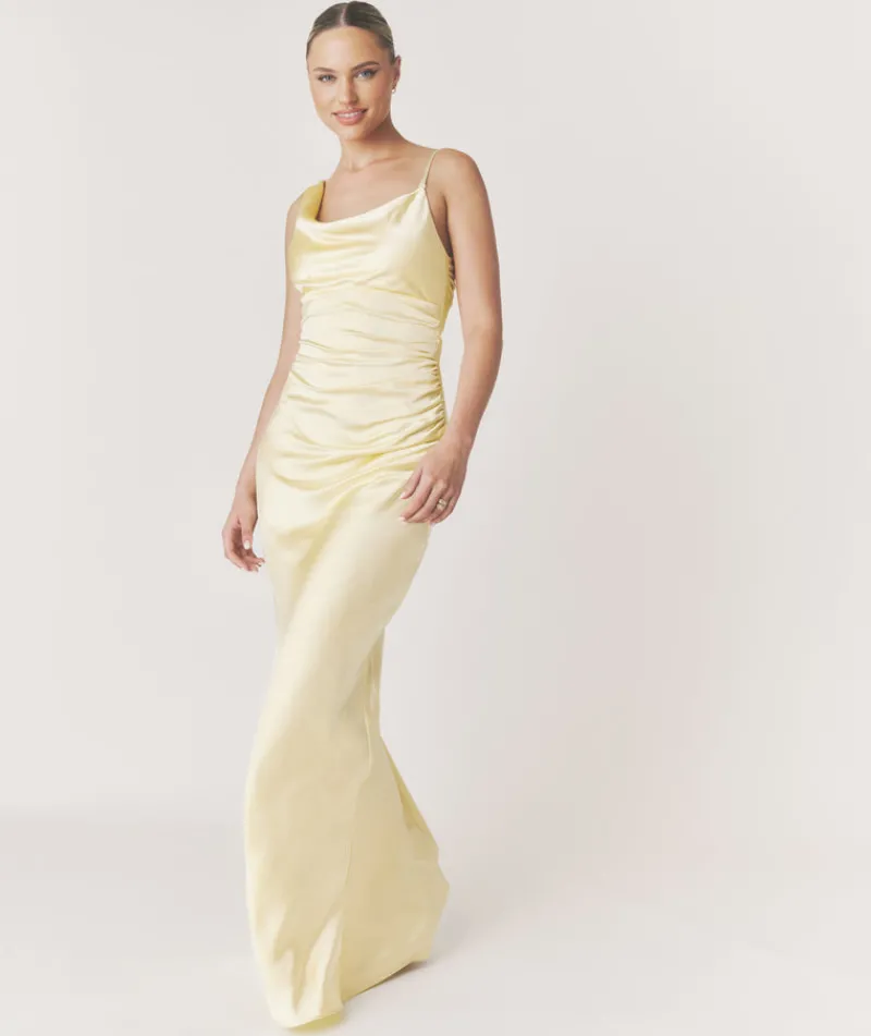 New Six Stories Cowl Front Asymmetrical Satin Bridesmaid Dress - Butter Lemon