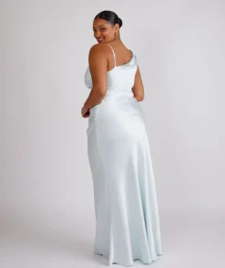 Best Six Stories Cowl Front Asymmetrical Satin Bridesmaid Dress - Ice Blue