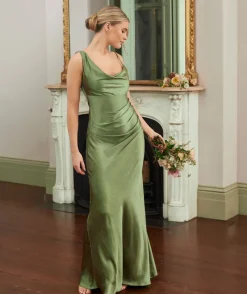 New Six Stories Cowl Front Asymmetrical Satin Bridesmaid Dress - Moss Green