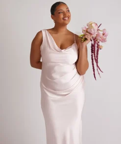 Best Six Stories Cowl Front Asymmetrical Satin Bridesmaid Dress - Pale Pink