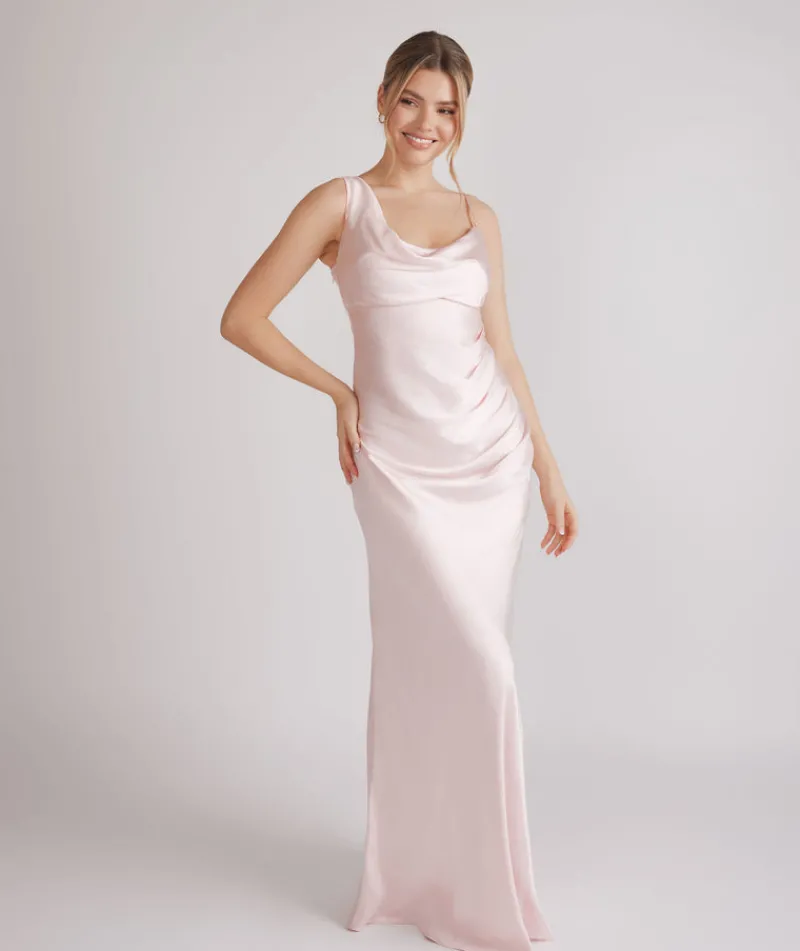Best Six Stories Cowl Front Asymmetrical Satin Bridesmaid Dress - Pale Pink