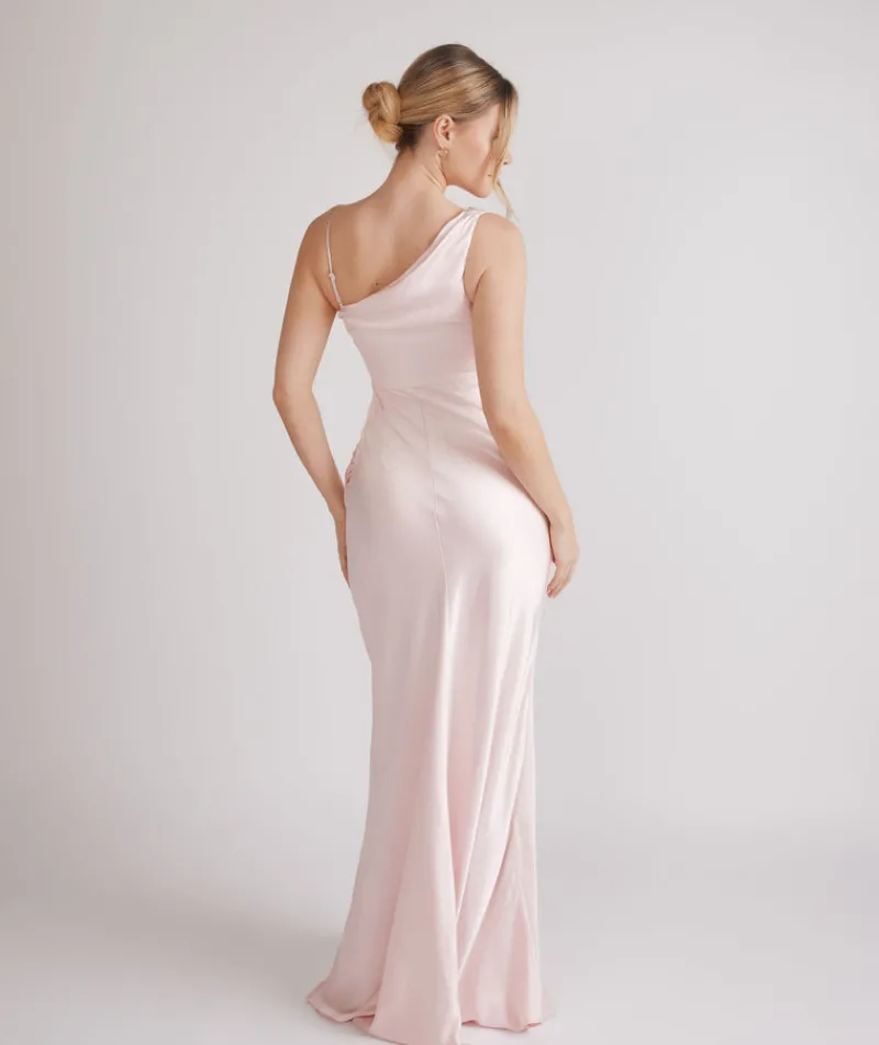 Best Six Stories Cowl Front Asymmetrical Satin Bridesmaid Dress - Pale Pink