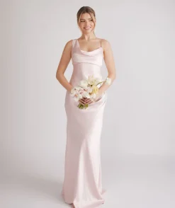 Best Six Stories Cowl Front Asymmetrical Satin Bridesmaid Dress - Pale Pink