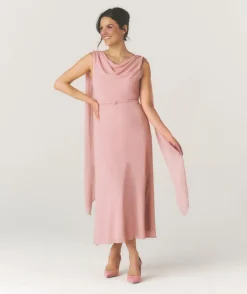Outlet Six Stories Cowl Front Drape Detail Belted Midi Dress - Rose