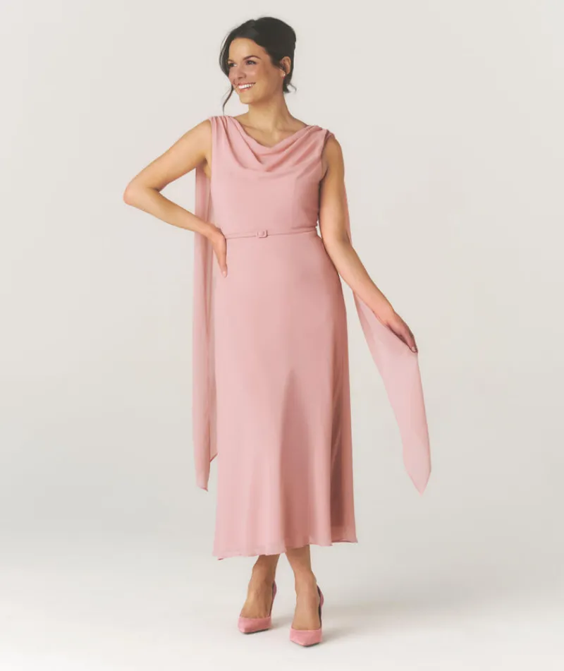 Outlet Six Stories Cowl Front Drape Detail Belted Midi Dress - Rose