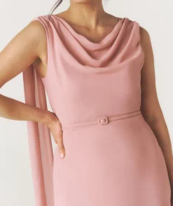 Outlet Six Stories Cowl Front Drape Detail Belted Midi Dress - Rose
