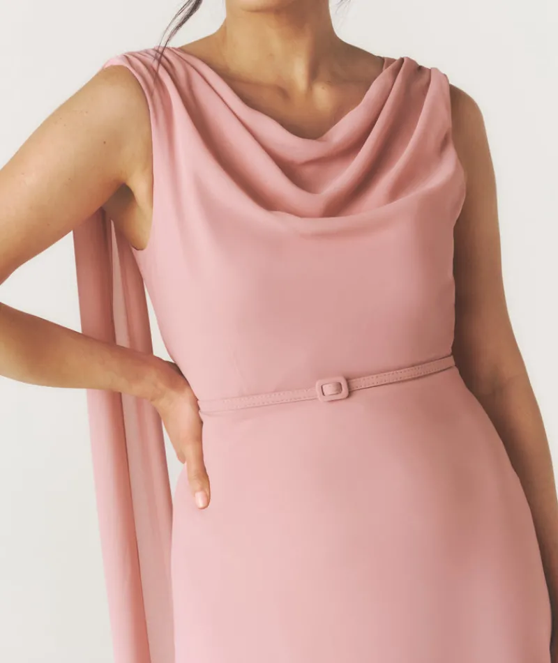 Outlet Six Stories Cowl Front Drape Detail Belted Midi Dress - Rose