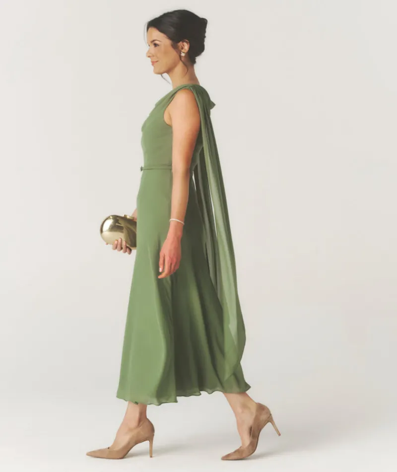 Discount Six Stories Cowl Front Drape Detail Belted Midi Dress - Sage