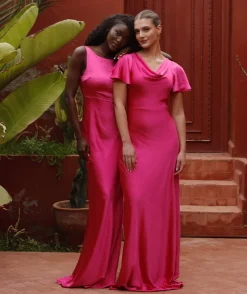 Six Stories Cowl Front Flutter Sleeve Satin Bridesmaid Dress - Fuchsia Pink
