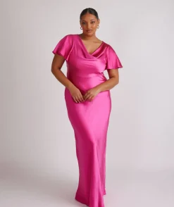 Six Stories Cowl Front Flutter Sleeve Satin Bridesmaid Dress - Fuchsia Pink