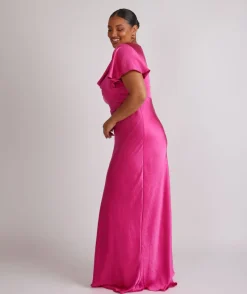 Six Stories Cowl Front Flutter Sleeve Satin Bridesmaid Dress - Fuchsia Pink