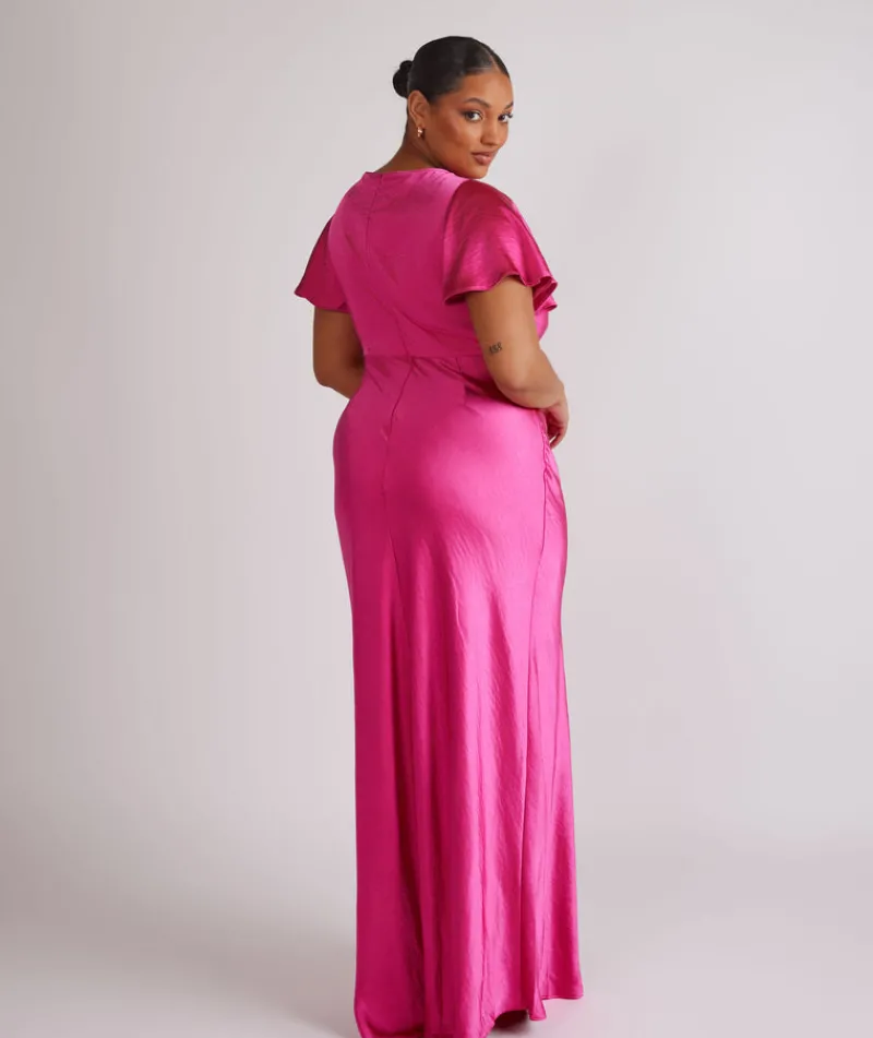 Six Stories Cowl Front Flutter Sleeve Satin Bridesmaid Dress - Fuchsia Pink