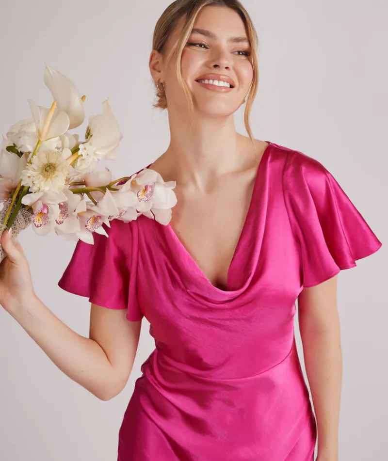 Six Stories Cowl Front Flutter Sleeve Satin Bridesmaid Dress - Fuchsia Pink