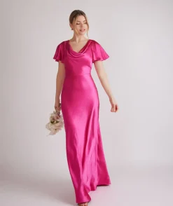 Six Stories Cowl Front Flutter Sleeve Satin Bridesmaid Dress - Fuchsia Pink