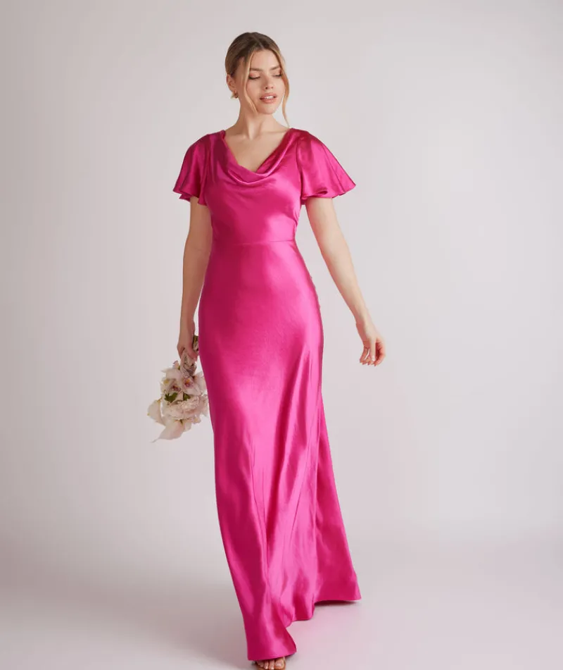 Six Stories Cowl Front Flutter Sleeve Satin Bridesmaid Dress - Fuchsia Pink