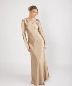 Online Six Stories Cowl Front Long Sleeve Satin Bridesmaid Dress - Champagne