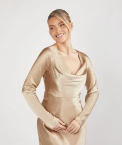 Online Six Stories Cowl Front Long Sleeve Satin Bridesmaid Dress - Champagne