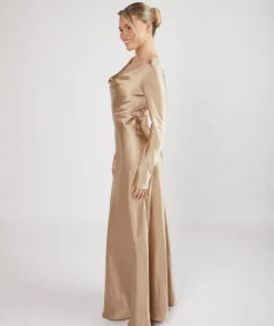 Online Six Stories Cowl Front Long Sleeve Satin Bridesmaid Dress - Champagne