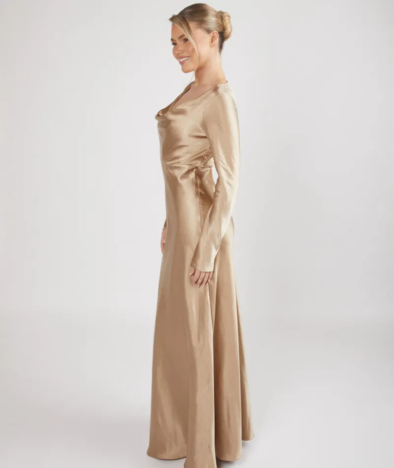 Online Six Stories Cowl Front Long Sleeve Satin Bridesmaid Dress - Champagne