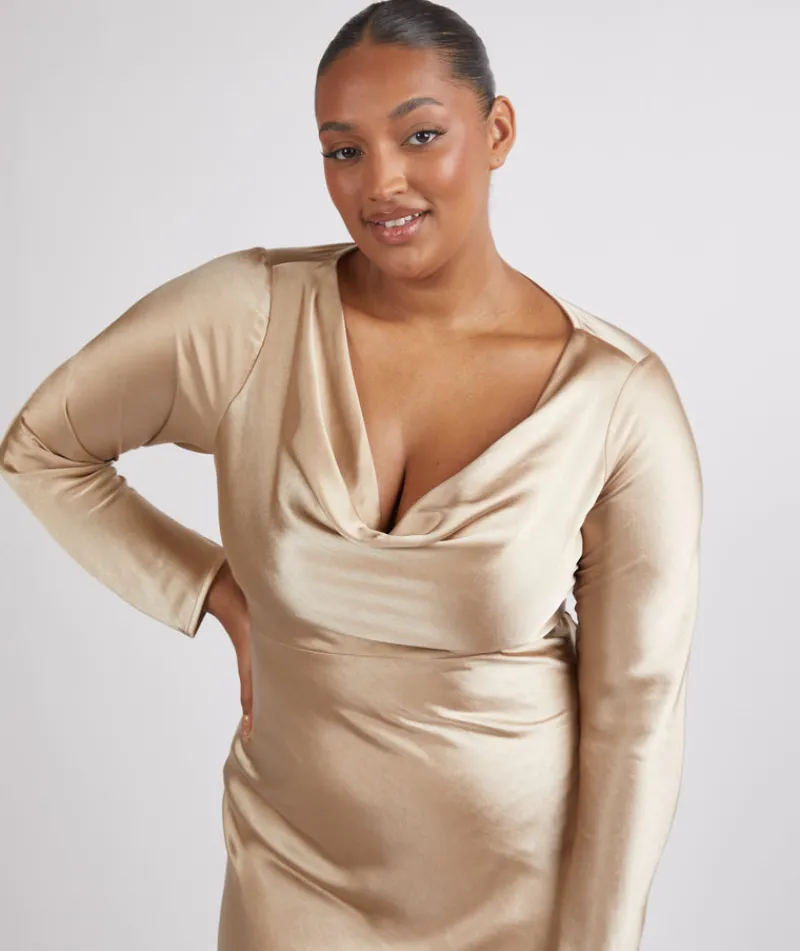 Online Six Stories Cowl Front Long Sleeve Satin Bridesmaid Dress - Champagne