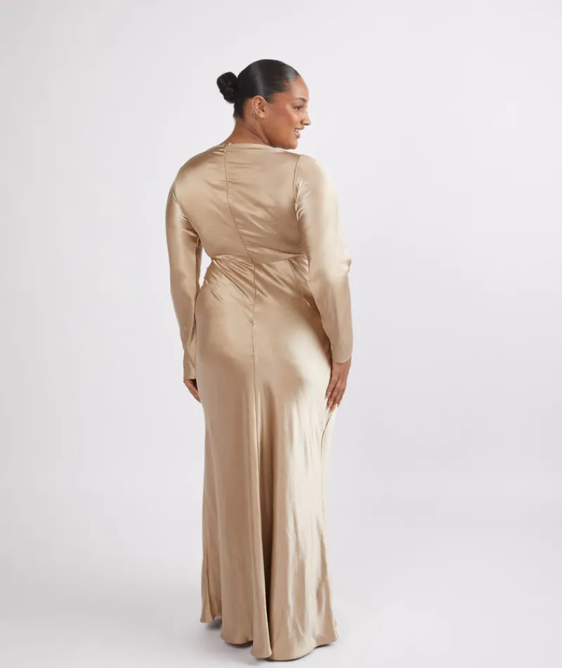 Online Six Stories Cowl Front Long Sleeve Satin Bridesmaid Dress - Champagne