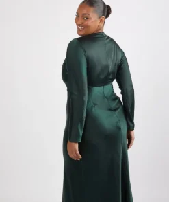 Six Stories Cowl Front Long Sleeve Satin Bridesmaid Dress - Emerald