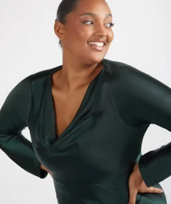 Six Stories Cowl Front Long Sleeve Satin Bridesmaid Dress - Emerald