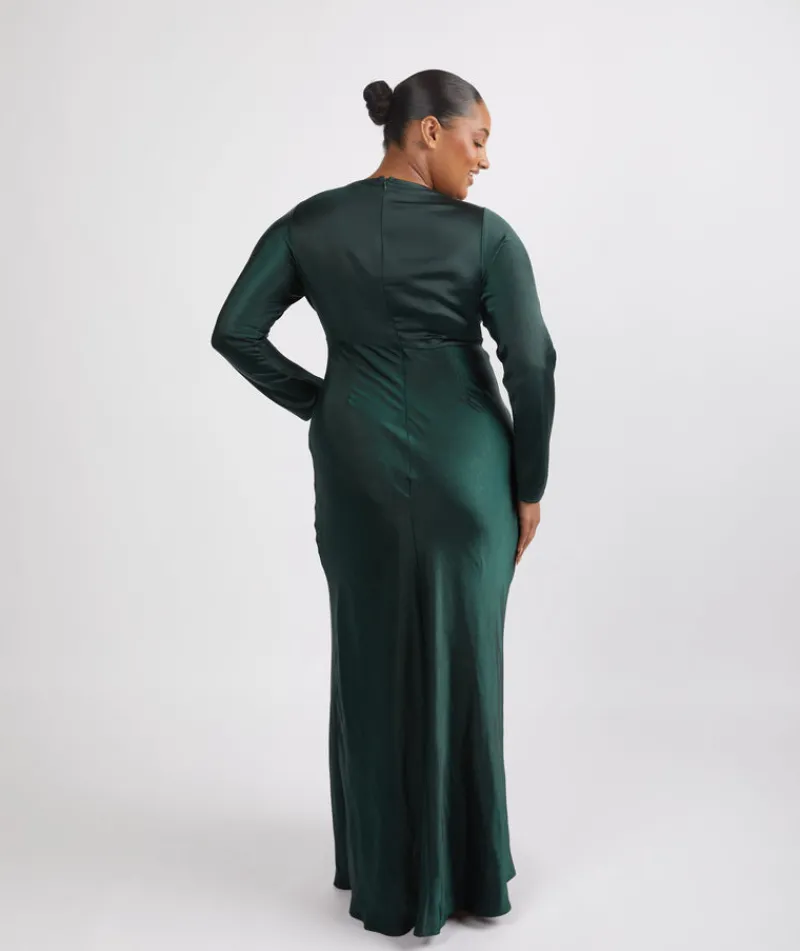 Six Stories Cowl Front Long Sleeve Satin Bridesmaid Dress - Emerald