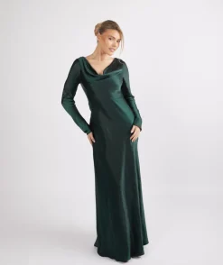 Six Stories Cowl Front Long Sleeve Satin Bridesmaid Dress - Emerald