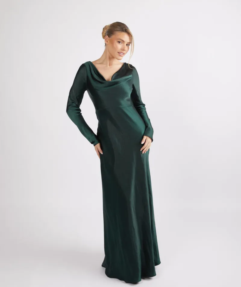 Six Stories Cowl Front Long Sleeve Satin Bridesmaid Dress - Emerald