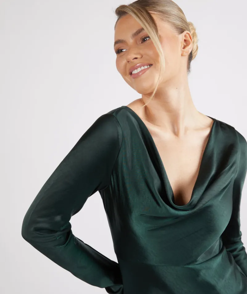 Six Stories Cowl Front Long Sleeve Satin Bridesmaid Dress - Emerald