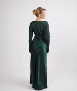 Six Stories Cowl Front Long Sleeve Satin Bridesmaid Dress - Emerald
