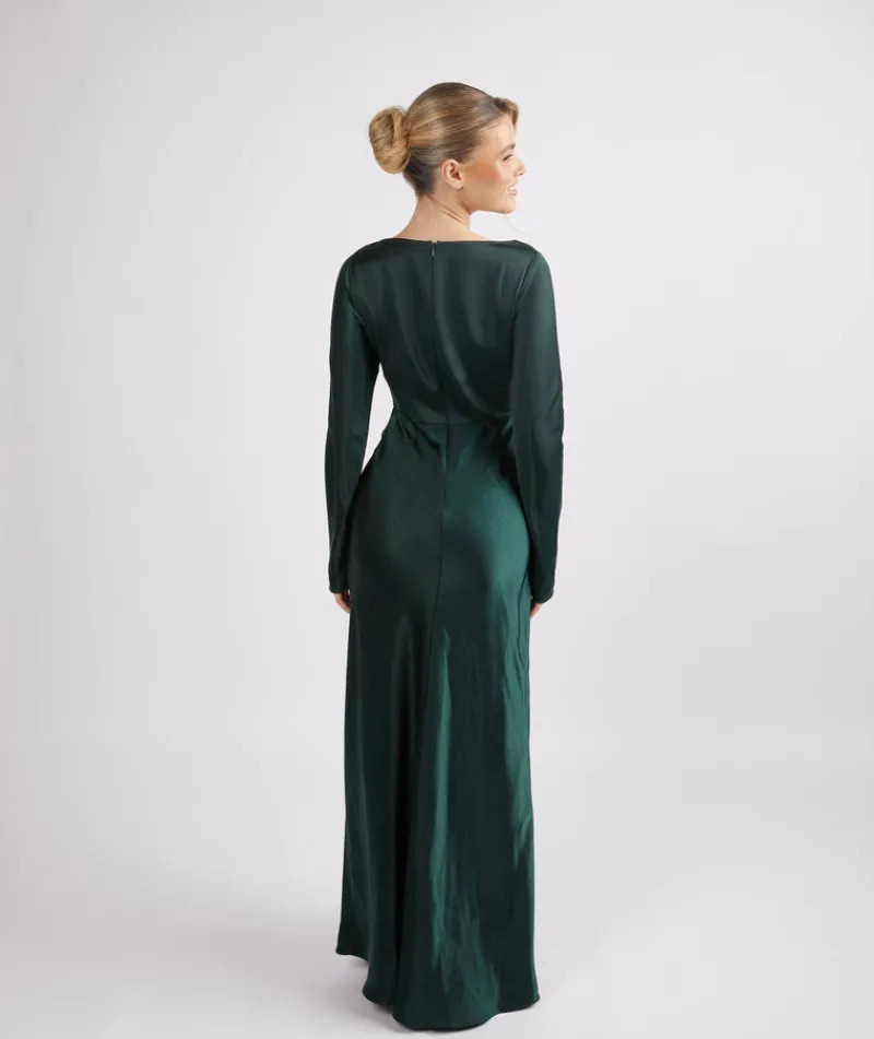 Six Stories Cowl Front Long Sleeve Satin Bridesmaid Dress - Emerald