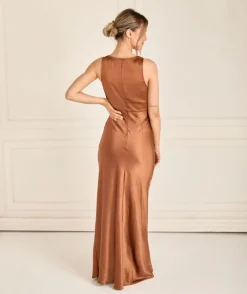 Sale Six Stories Cowl Front Satin Bridesmaid Dress - Rust